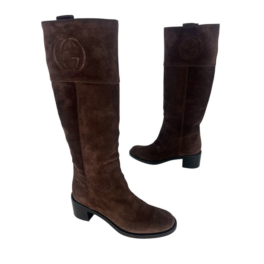 Gucci Brown Suede GG Logo Riding Boots Size 38.5 - Picture 3 of 14